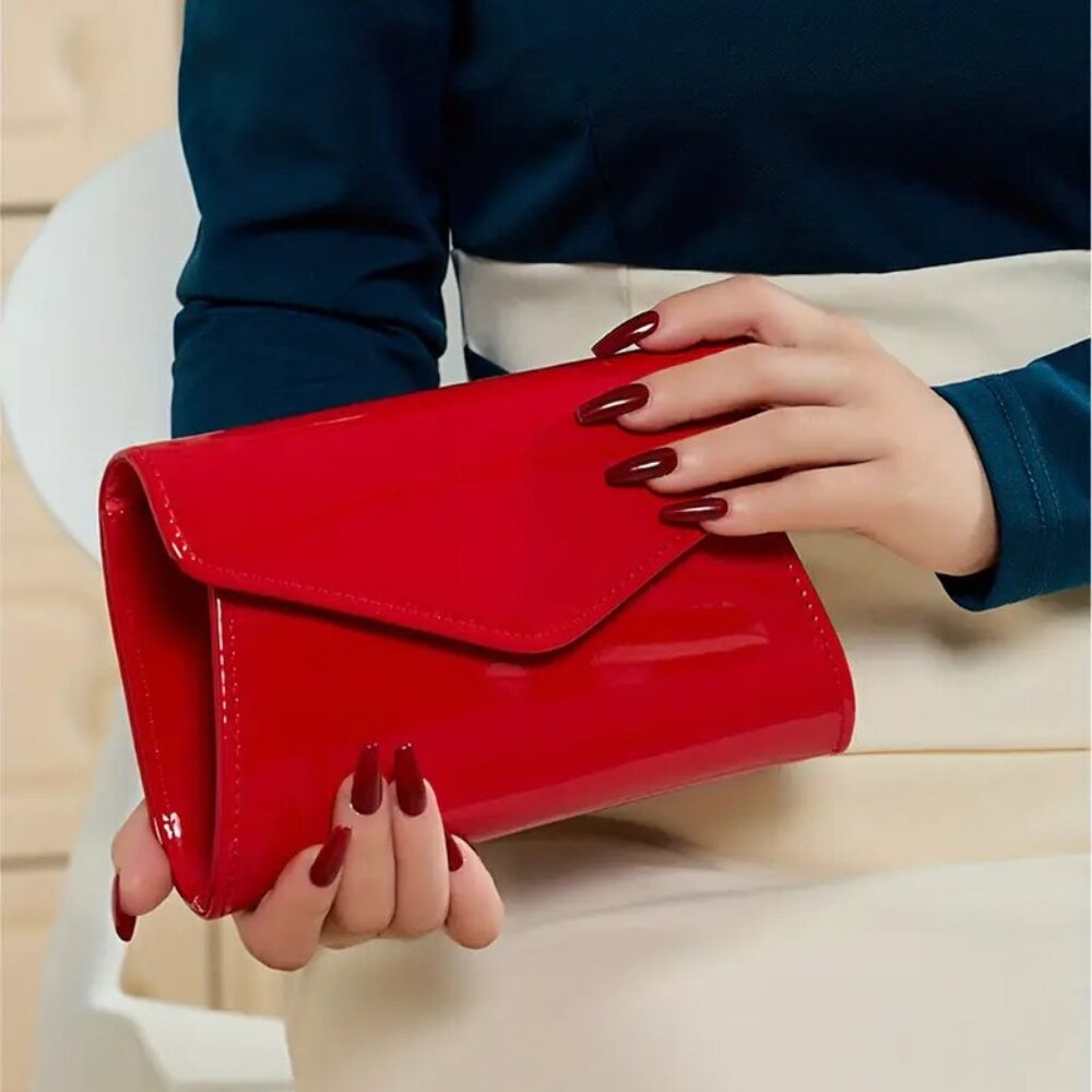 Elegant RED Patent Leather Clutch Purse - Evening Bag with Chain for Women  NEW